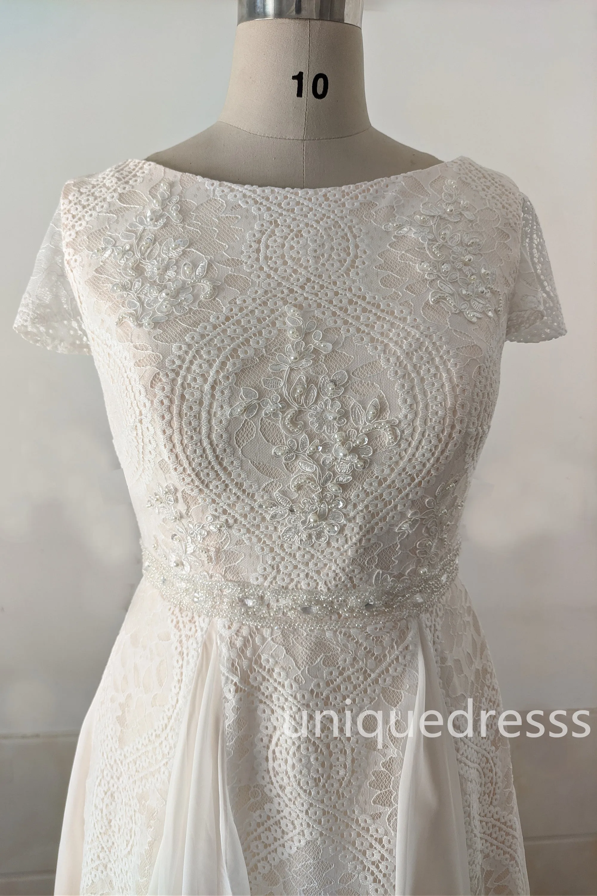 A Line Lace Beach Wedding Dresses With Beads, Lace Boho Bridal Gown UQW0089