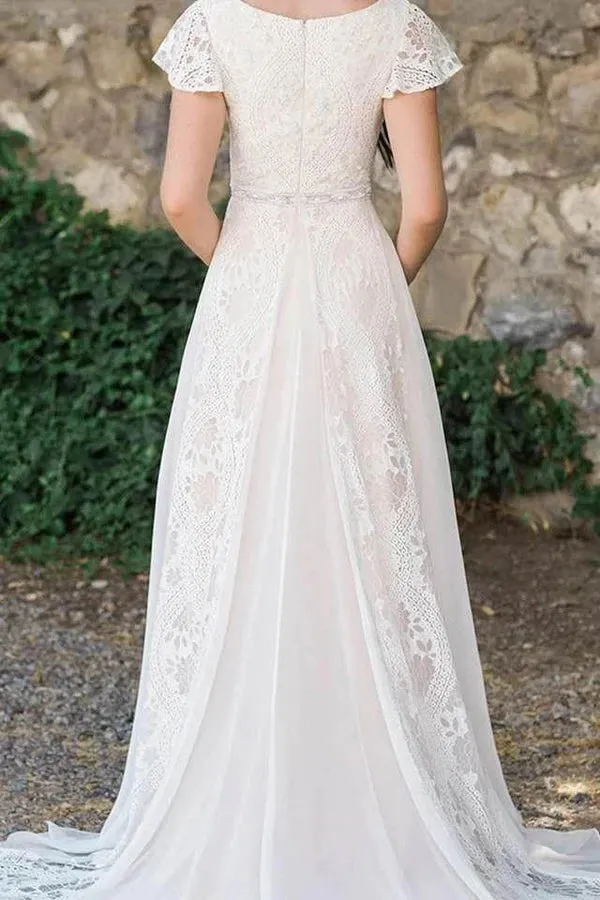 A Line Lace Beach Wedding Dresses With Beads, Lace Boho Bridal Gown UQW0089
