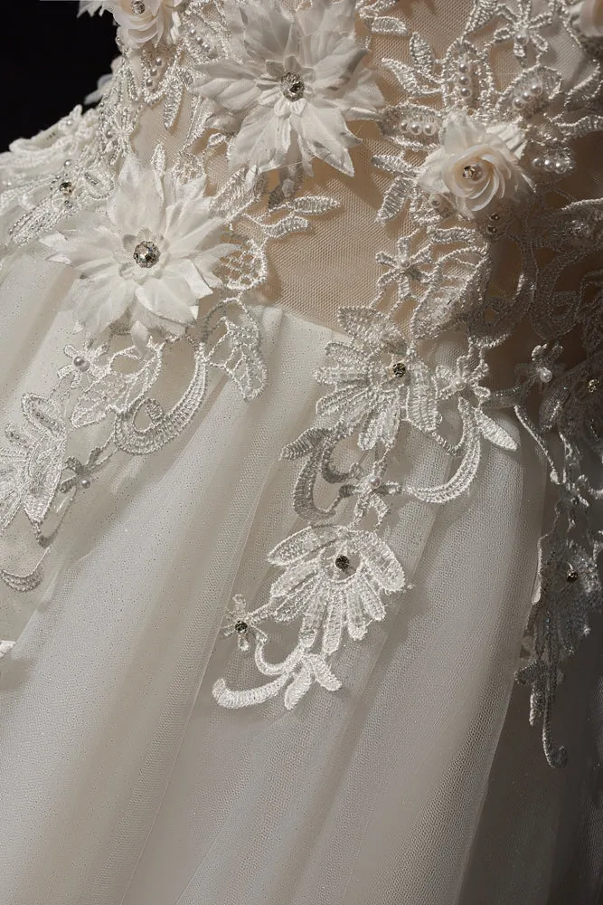 A Line Off the Shoulder Tulle Long Beach Wedding Dress with Flowers UQW0116