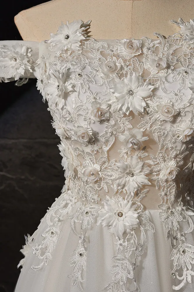 A Line Off the Shoulder Tulle Long Beach Wedding Dress with Flowers UQW0116