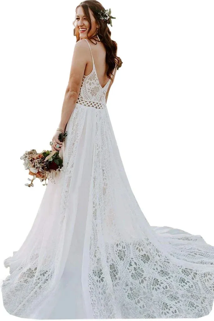 A Line V Neck Lace Boho Wedding Dress, Spaghetti Straps Beach Wedding Gown UQW0073