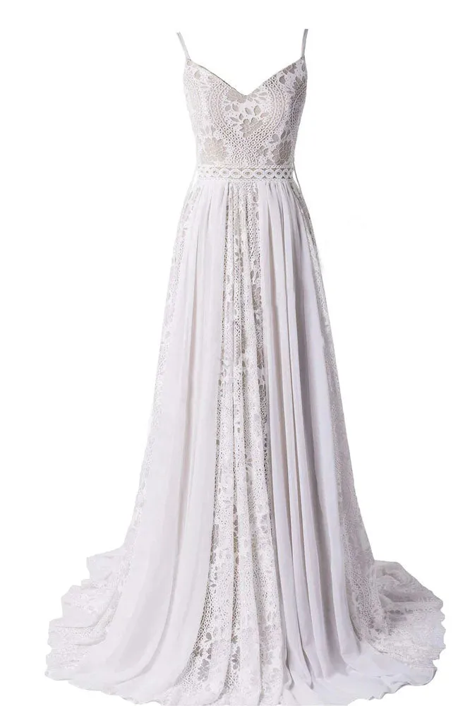 A Line V Neck Lace Boho Wedding Dress, Spaghetti Straps Beach Wedding Gown UQW0073