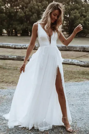 A-line V-neck Lace Spaghetti Straps Boho Beach Wedding Dresses,  Bridal Dress with Slit UQW0124