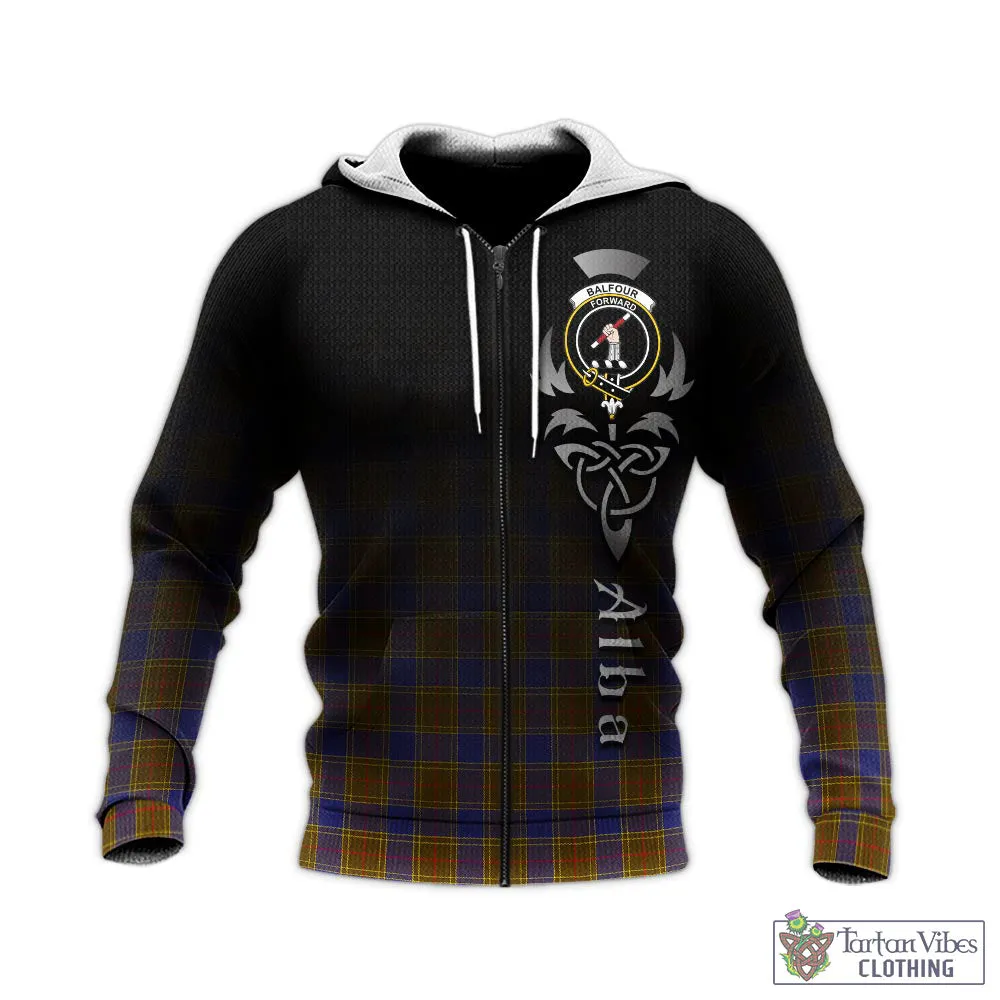 Balfour Tartan Knitted Hoodie Featuring Alba Gu Brath Family Crest Celtic Inspired