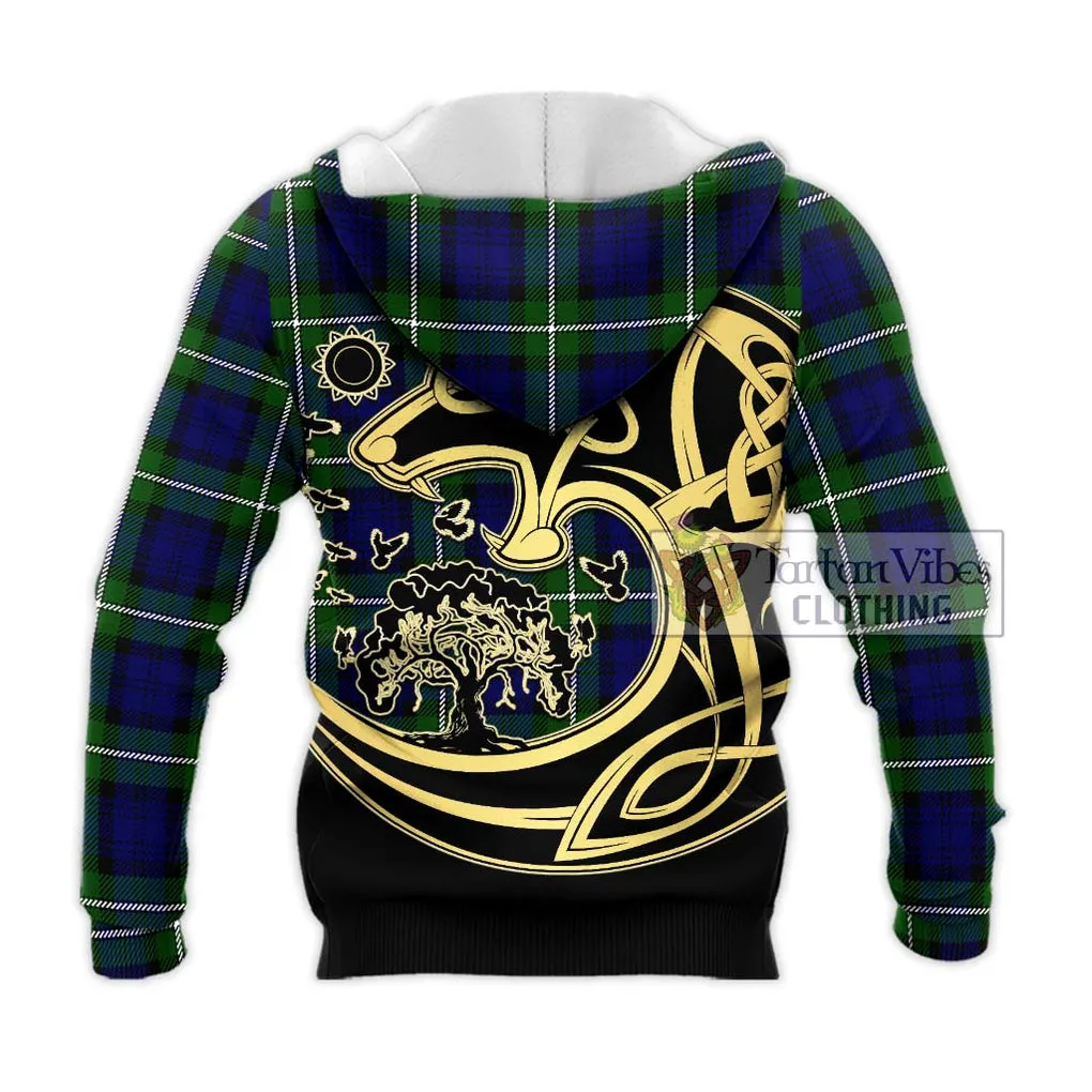 Bannerman Tartan Knitted Hoodie with Family Crest Celtic Wolf Style