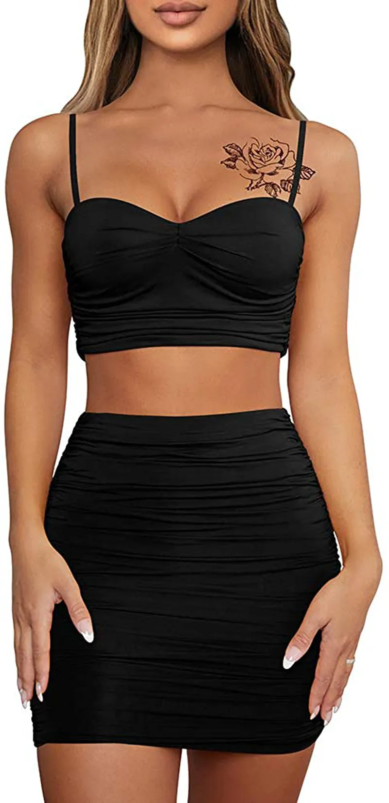 BEAGIMEG Women's Spaghetti Strap Sexy Top Bodycon Skirt Ruched 2 Piece Mini Dress