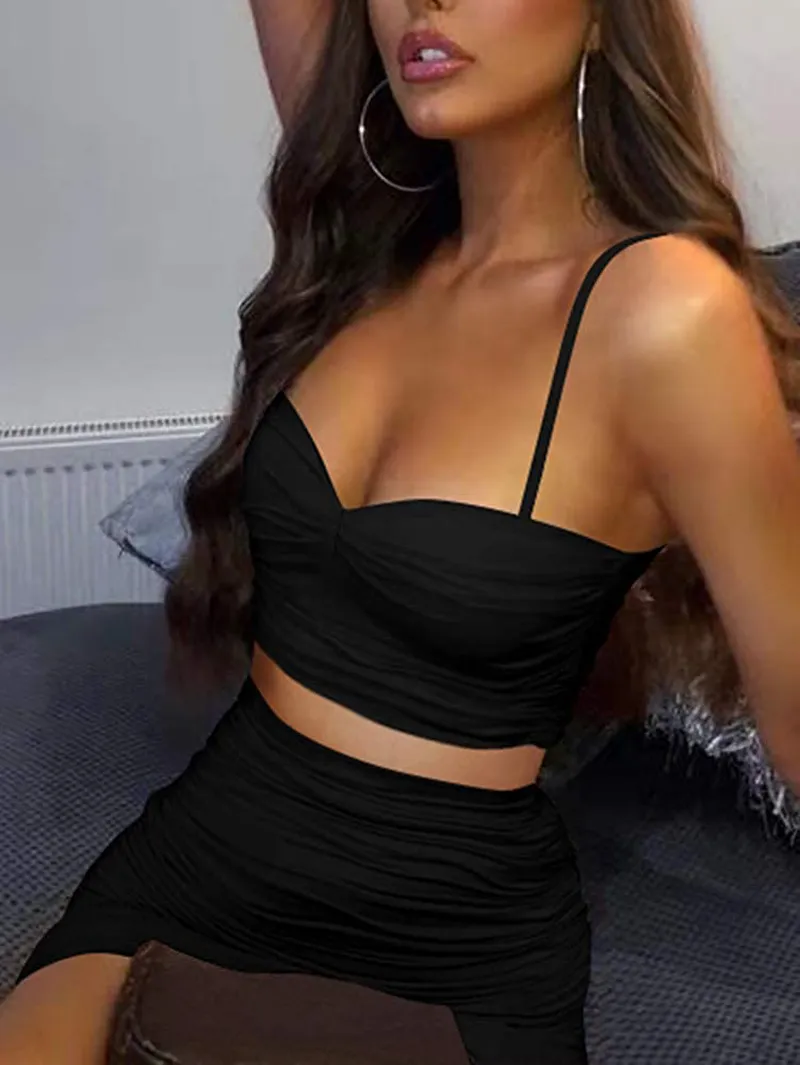BEAGIMEG Women's Spaghetti Strap Sexy Top Bodycon Skirt Ruched 2 Piece Mini Dress