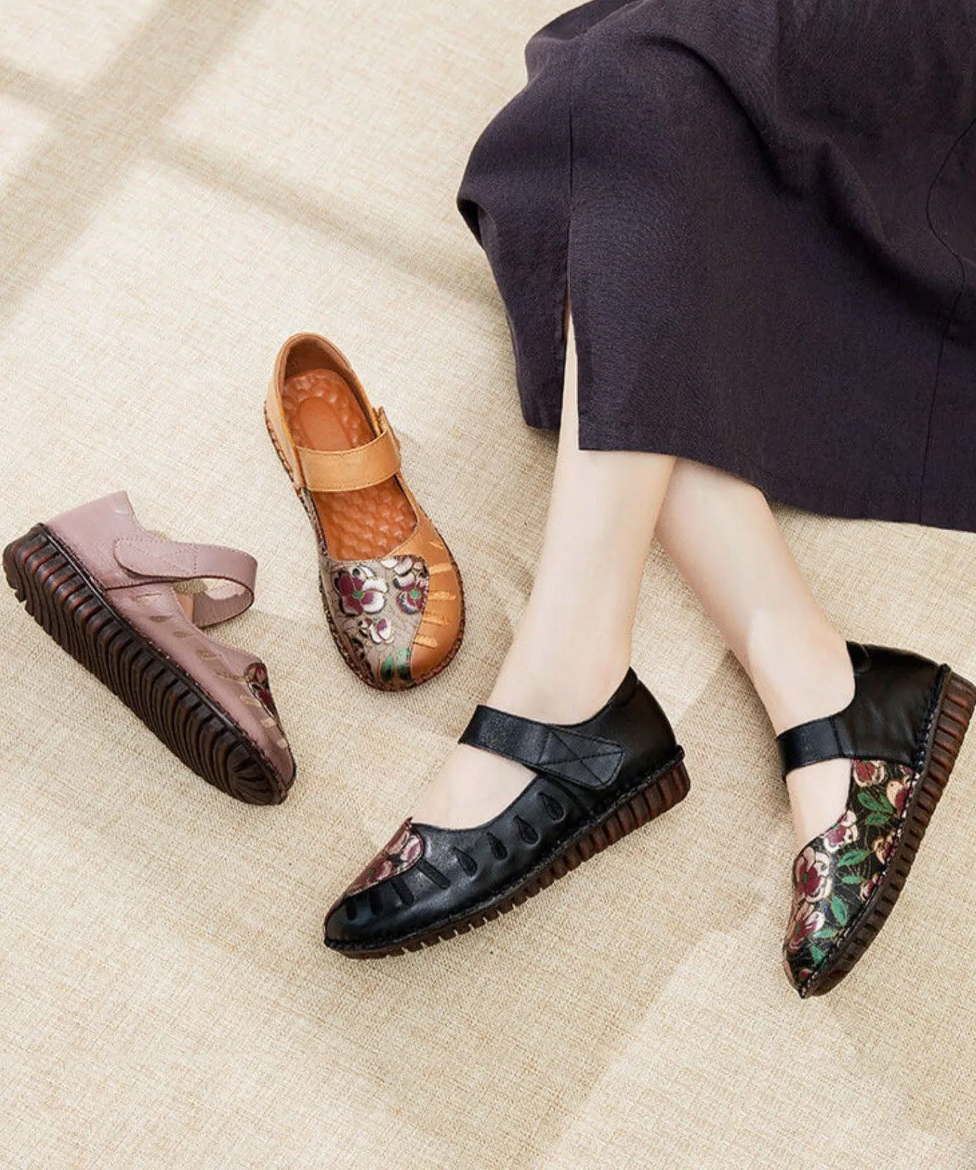 Beautiful Buckle Strap Flats Light Purple Splicing Cowhide Leather LC0529