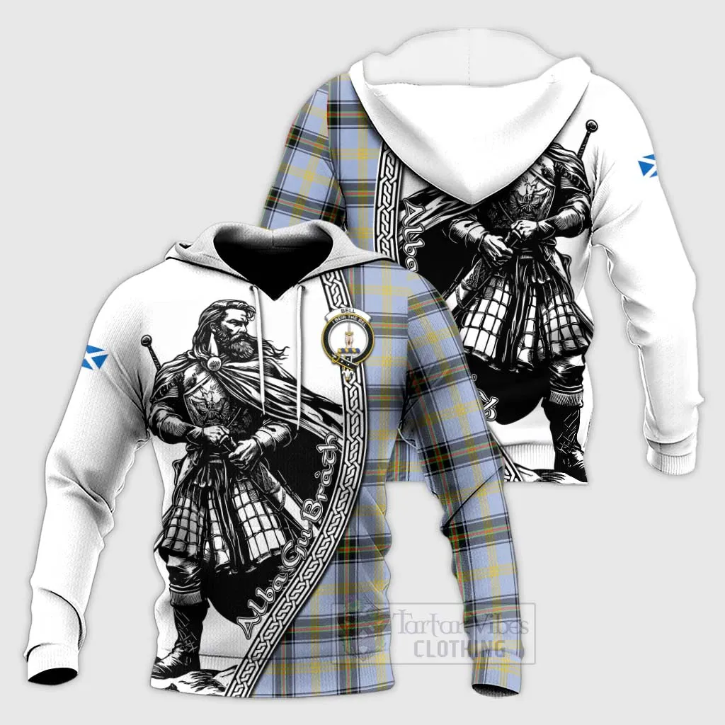 Bell Tartan Clan Crest Knitted Hoodie with Highlander Warrior Celtic Style