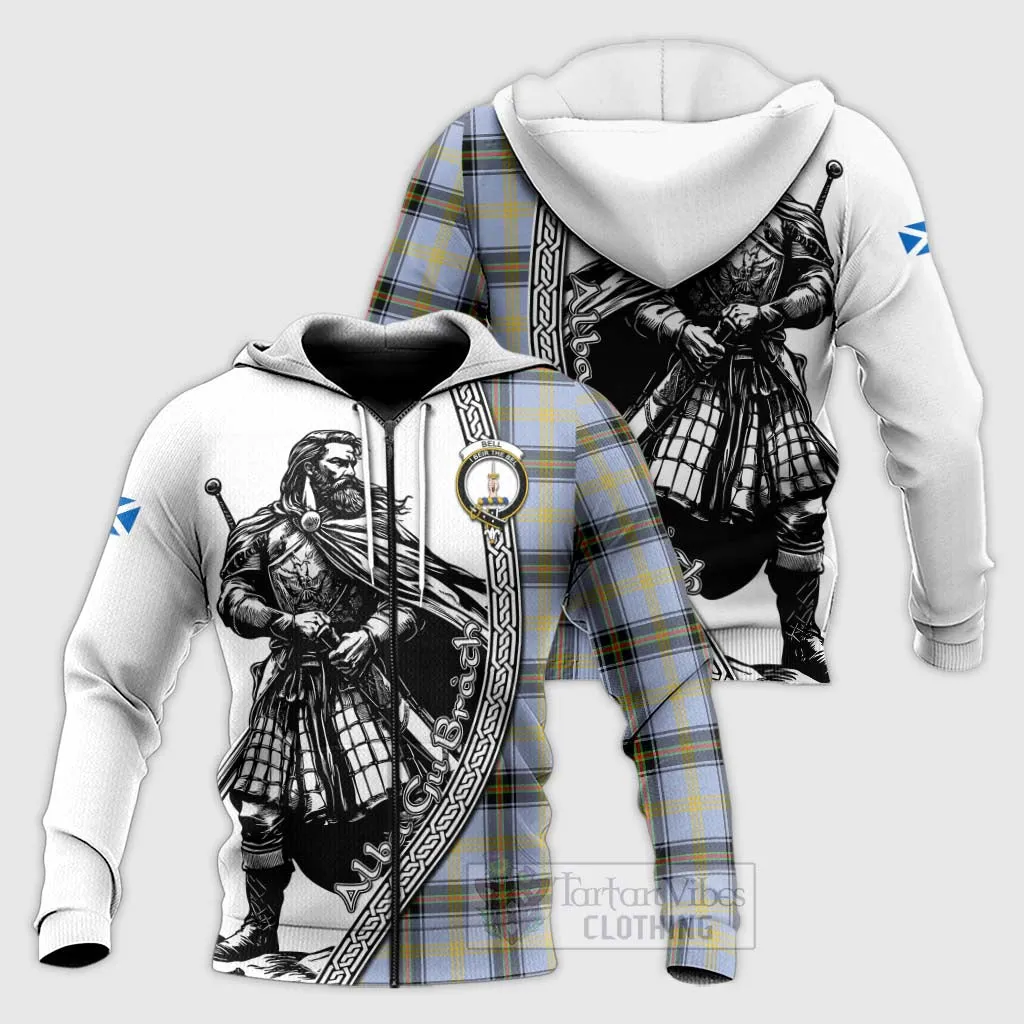 Bell Tartan Clan Crest Knitted Hoodie with Highlander Warrior Celtic Style