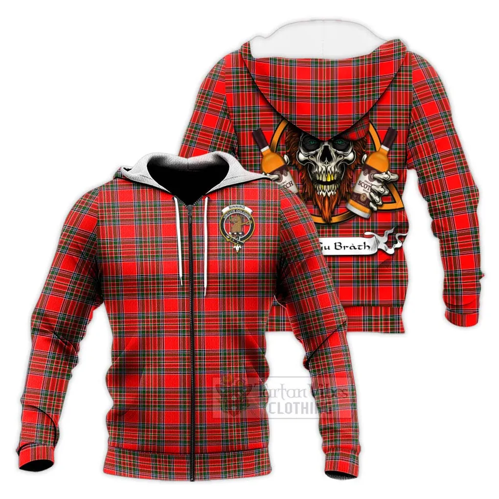Binning Tartan Knitted Hoodie with Family Crest and Bearded Skull Holding Bottles of Whiskey