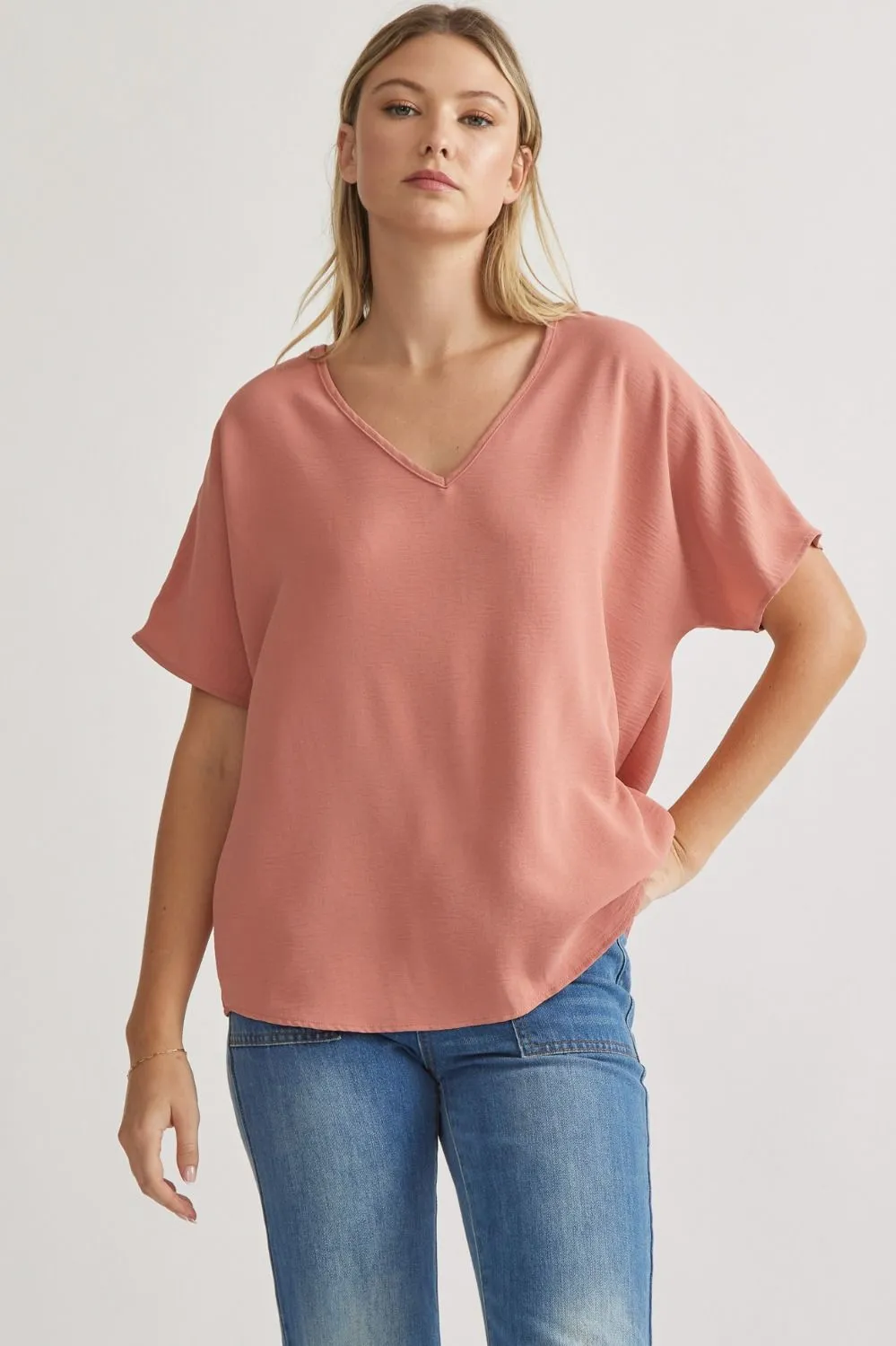 Blissful Basics V-Neck Top - Salmon