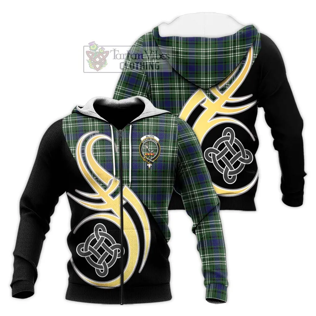 Blyth Tartan Knitted Hoodie with Family Crest and Celtic Symbol Style