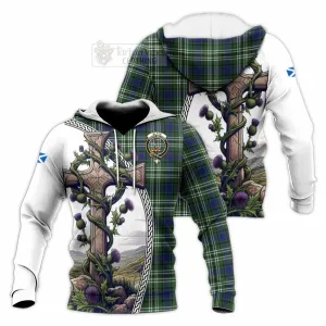 Blyth Tartan Knitted Hoodie with Family Crest and St. Andrew's Cross Accented by Thistle Vines