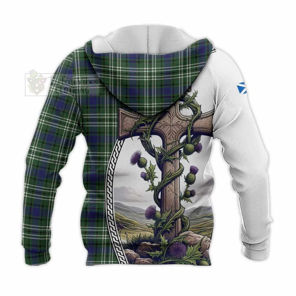 Blyth Tartan Knitted Hoodie with Family Crest and St. Andrew's Cross Accented by Thistle Vines