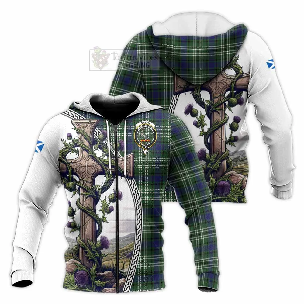 Blyth Tartan Knitted Hoodie with Family Crest and St. Andrew's Cross Accented by Thistle Vines