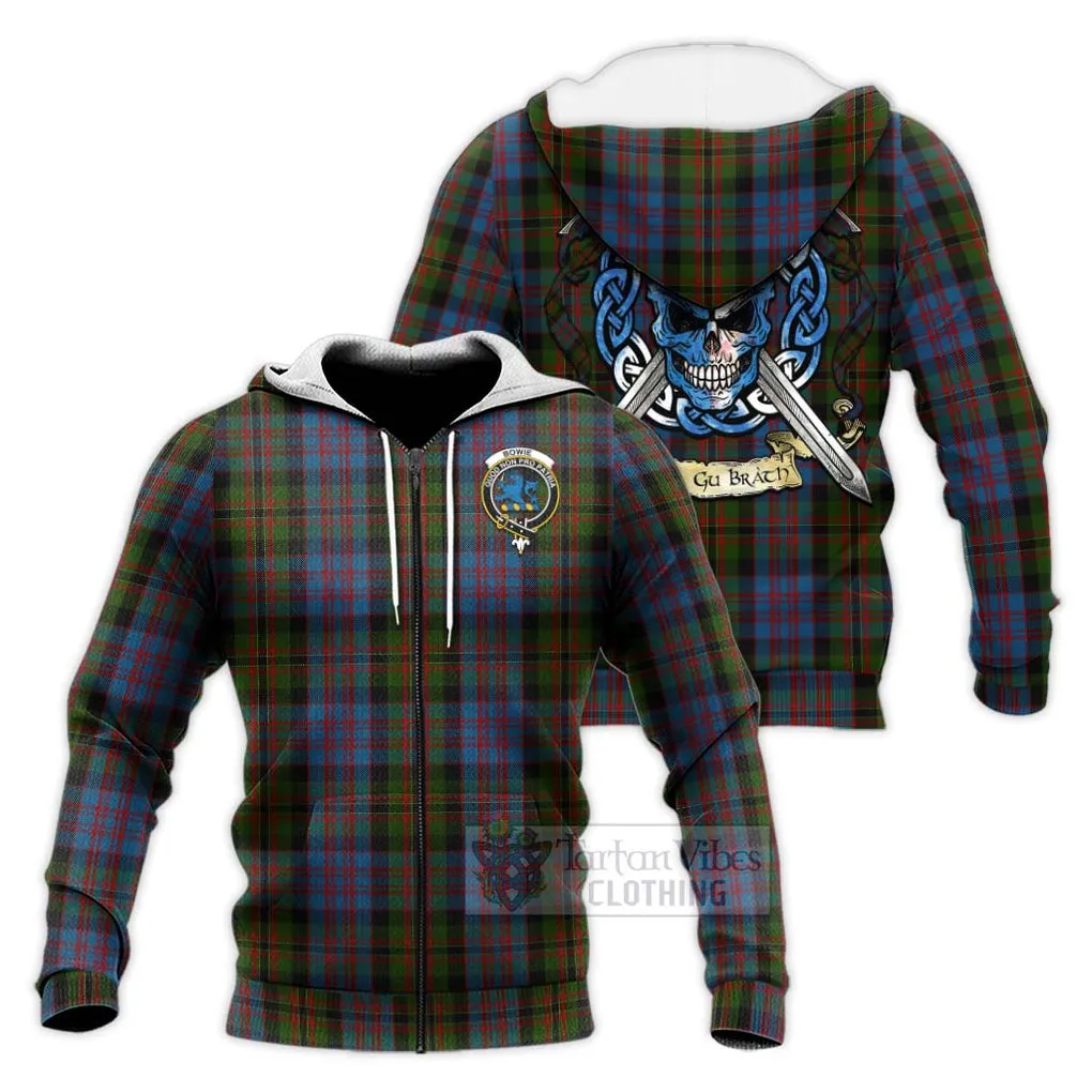 Bowie Tartan Knitted Hoodie with Family Crest Celtic Skull Style