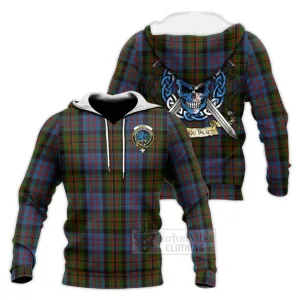 Bowie Tartan Knitted Hoodie with Family Crest Celtic Skull Style