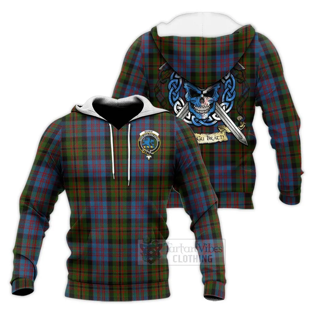 Bowie Tartan Knitted Hoodie with Family Crest Celtic Skull Style