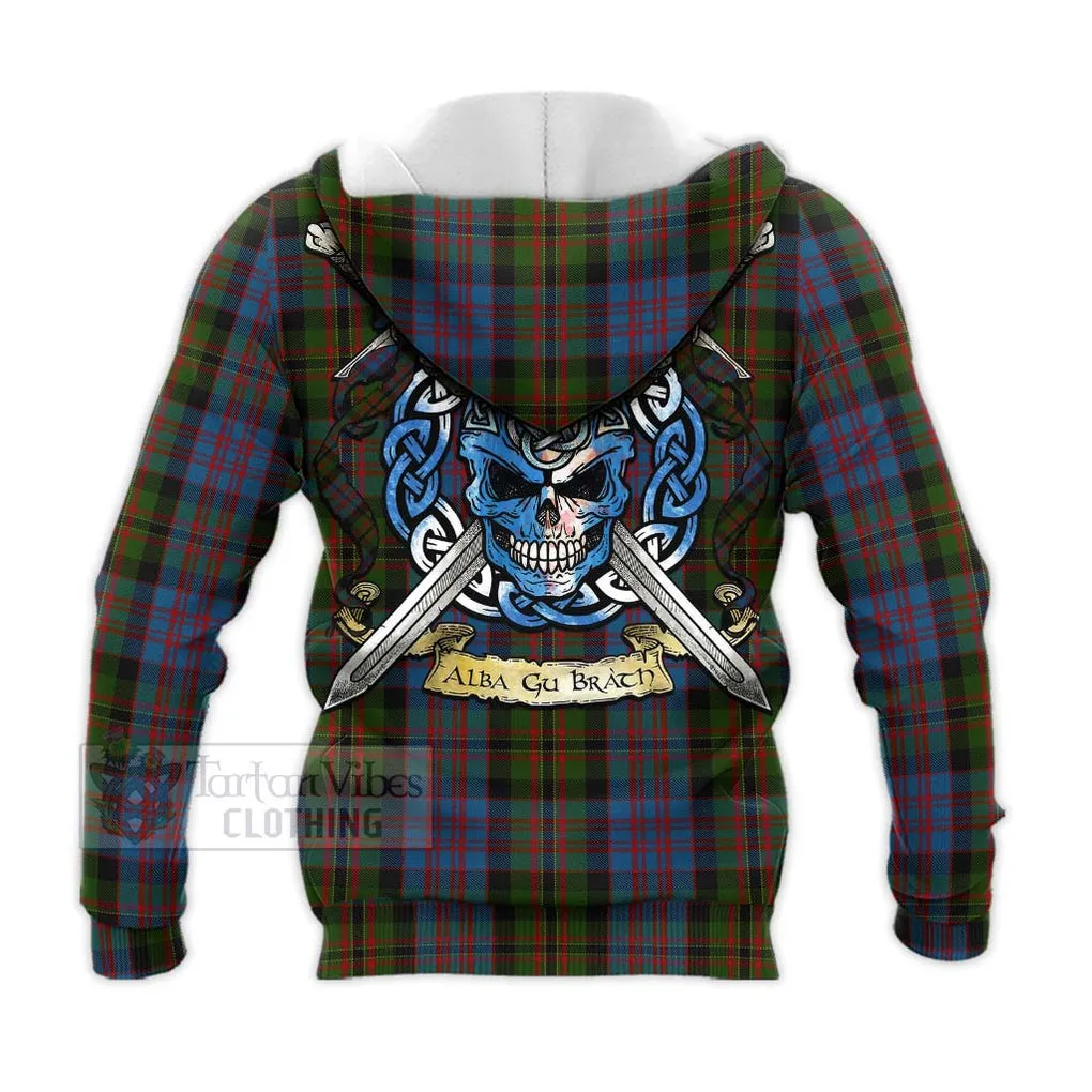 Bowie Tartan Knitted Hoodie with Family Crest Celtic Skull Style
