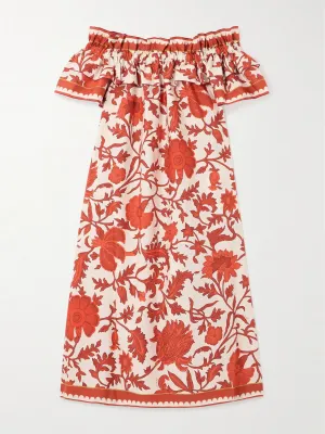 Breakfast off-the-shoulder floral-print cotton-poplin midi dress