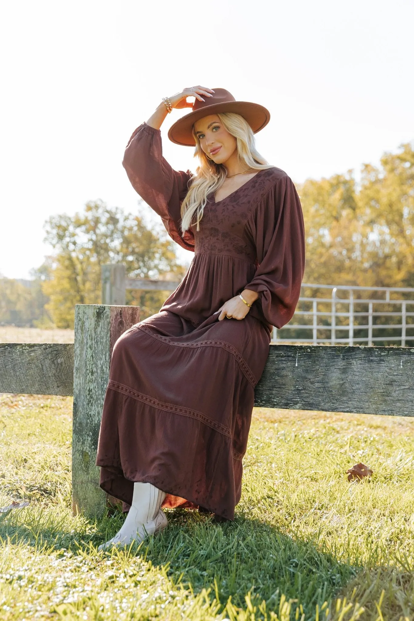 Brown V Neck Embroidered Maxi Dress - FINAL SALE