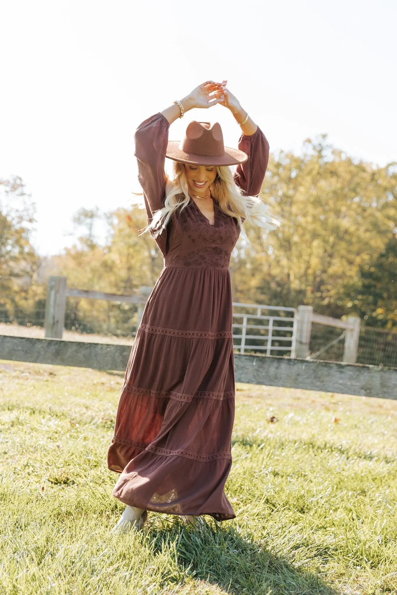 Brown V Neck Embroidered Maxi Dress - FINAL SALE