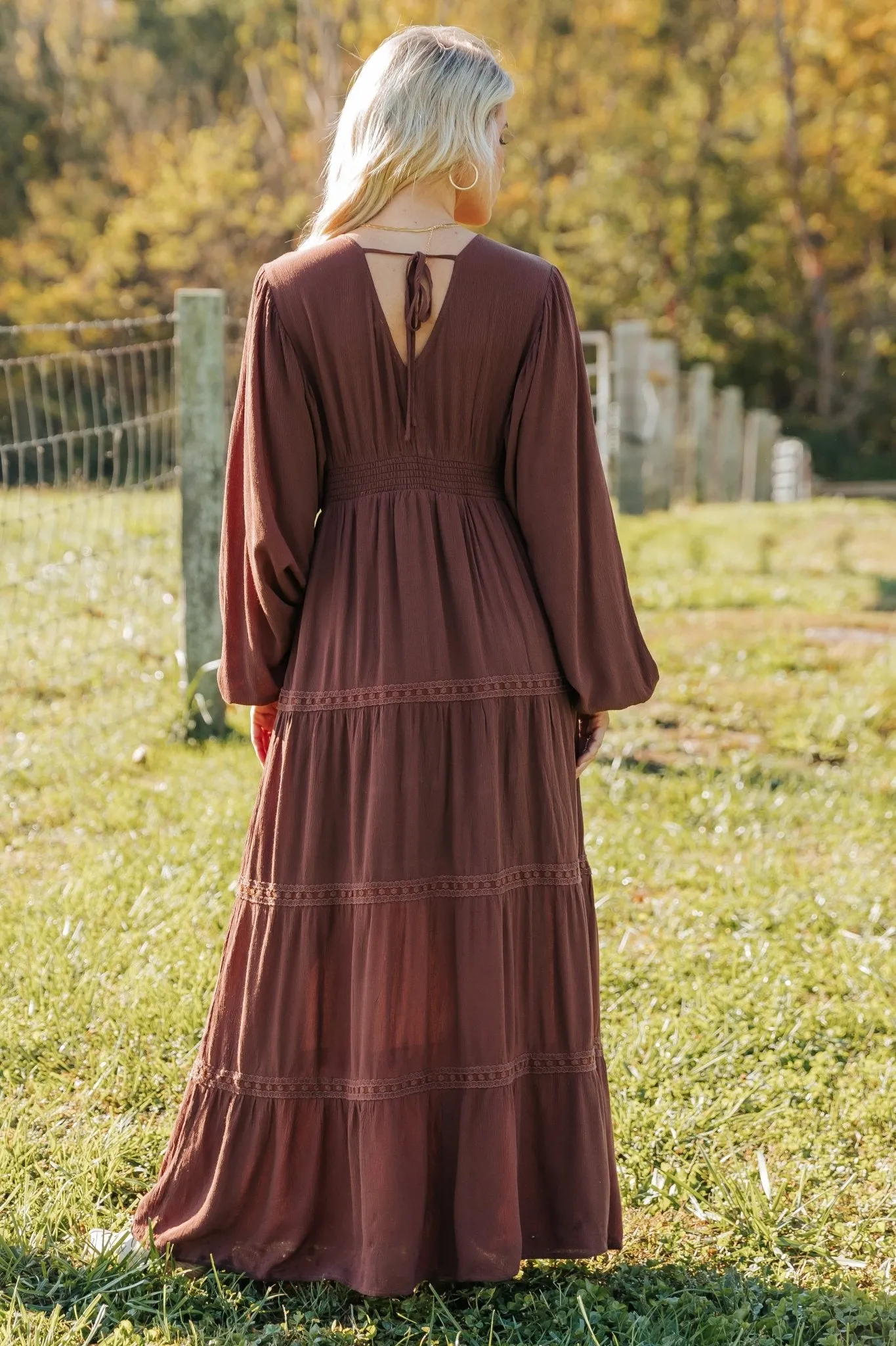 Brown V Neck Embroidered Maxi Dress - FINAL SALE
