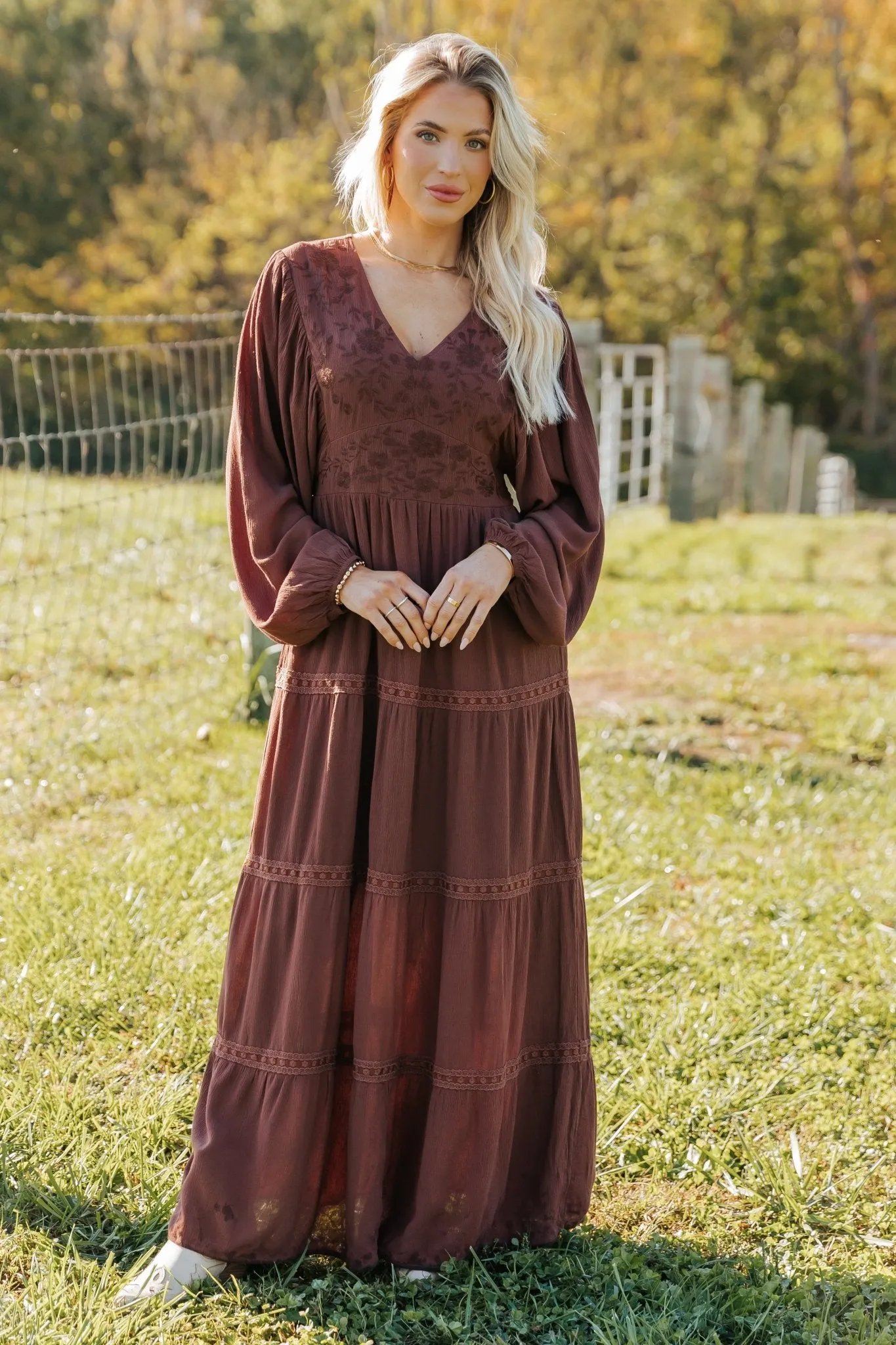 Brown V Neck Embroidered Maxi Dress - FINAL SALE