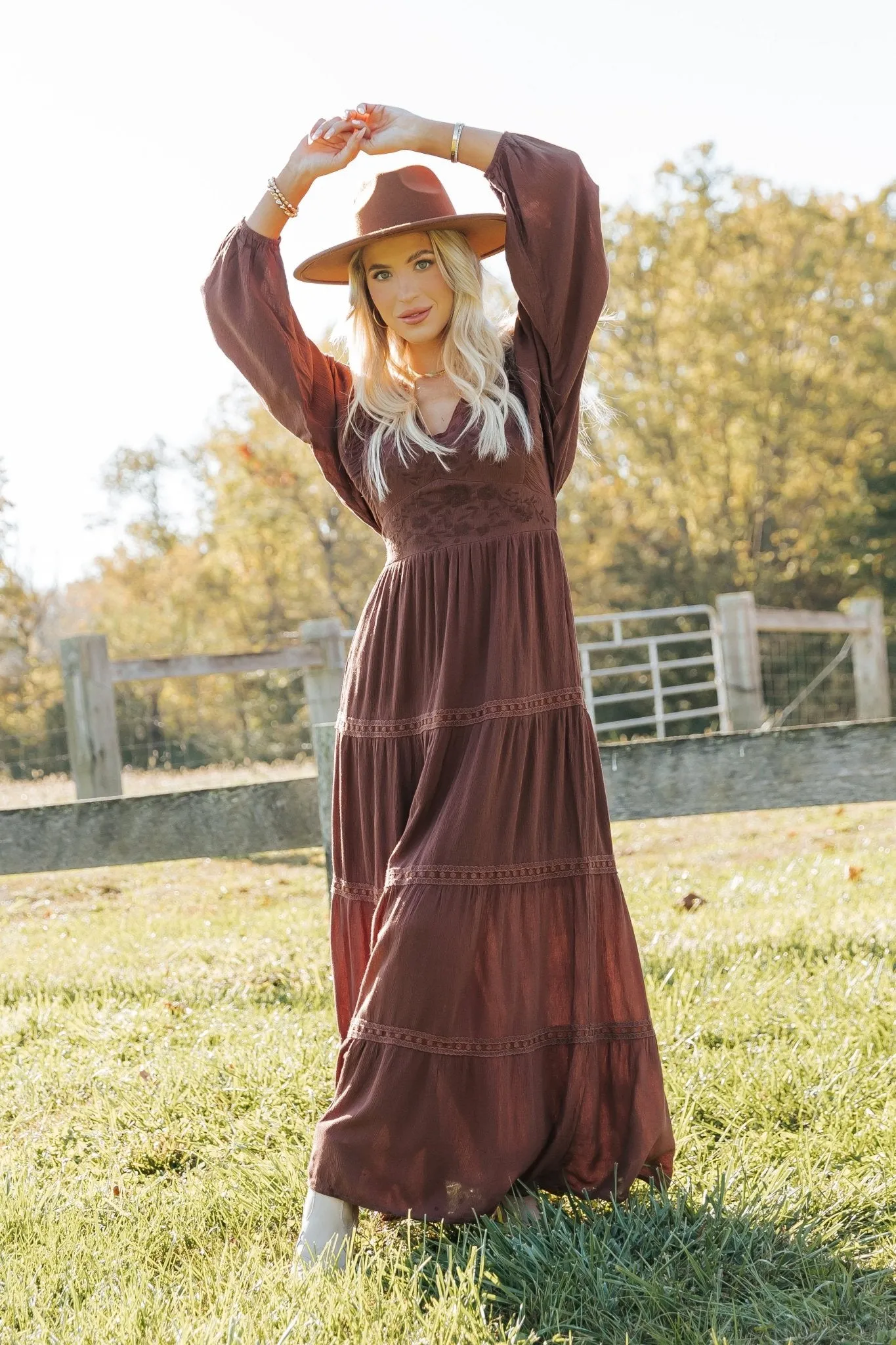 Brown V Neck Embroidered Maxi Dress - FINAL SALE