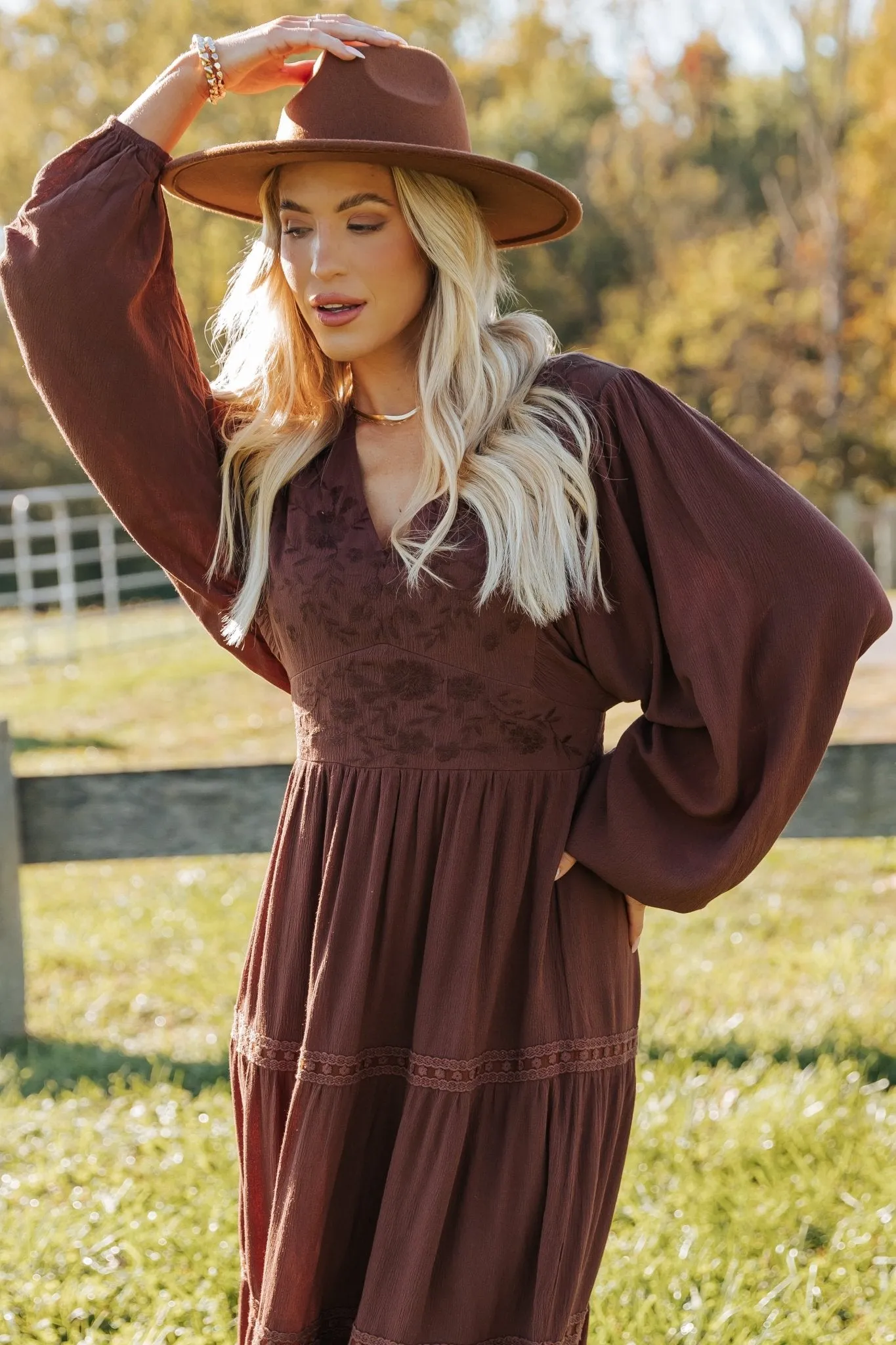 Brown V Neck Embroidered Maxi Dress - FINAL SALE