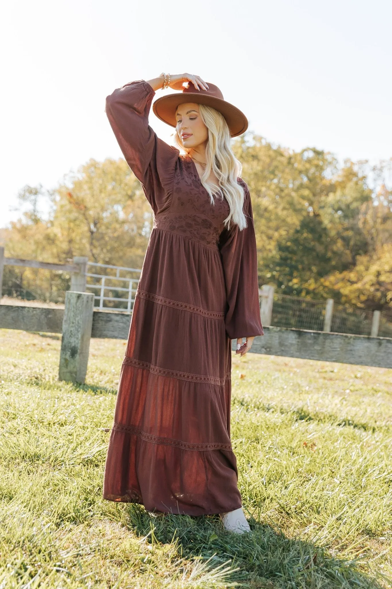 Brown V Neck Embroidered Maxi Dress - FINAL SALE