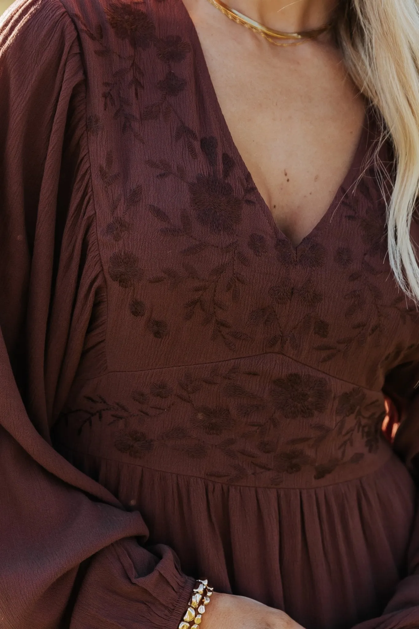 Brown V Neck Embroidered Maxi Dress - FINAL SALE