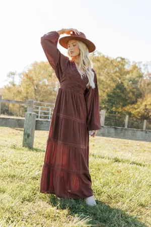 Brown V Neck Embroidered Maxi Dress - FINAL SALE