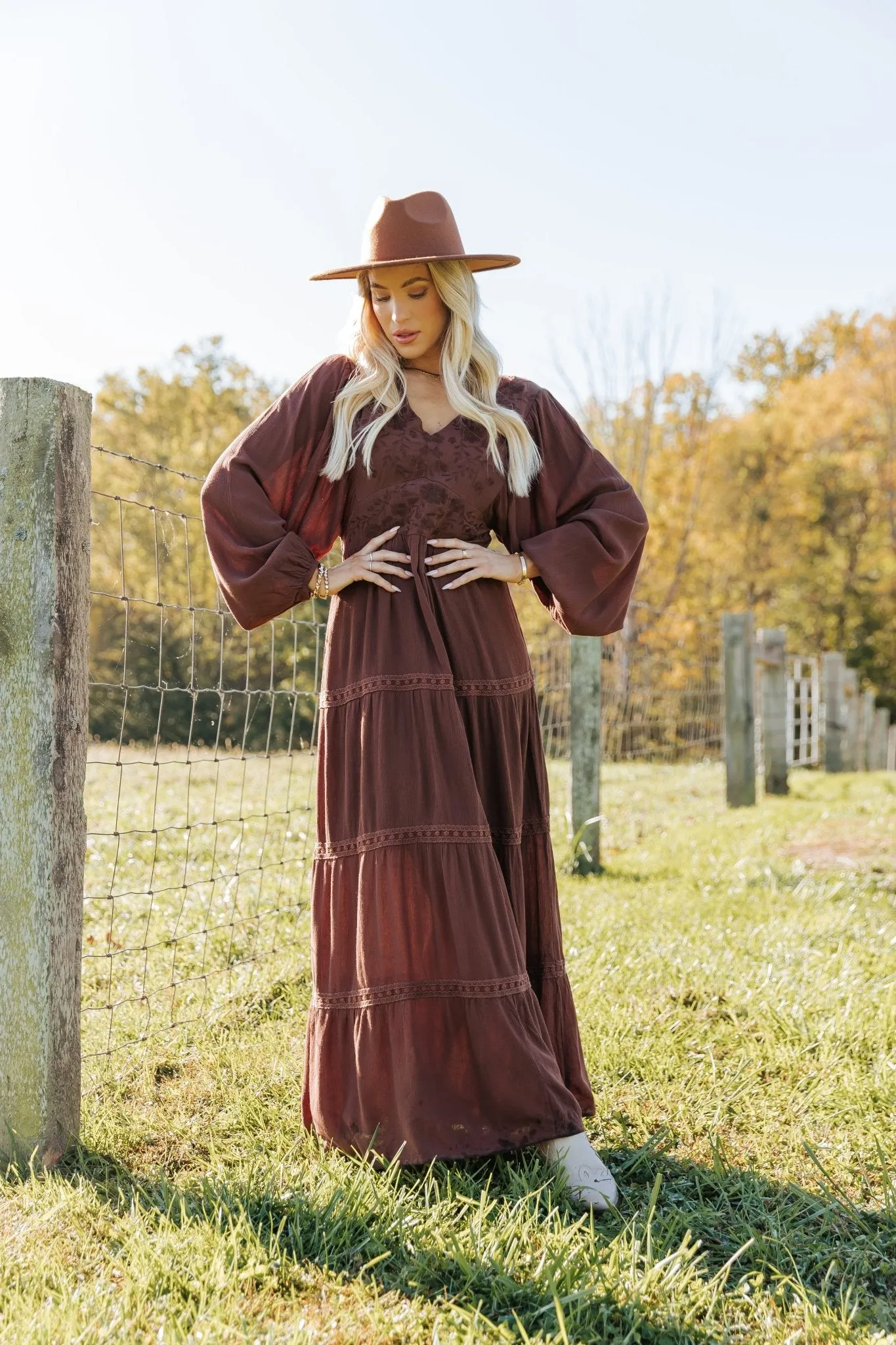 Brown V Neck Embroidered Maxi Dress - FINAL SALE