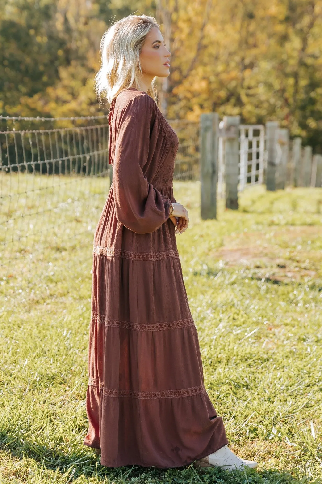 Brown V Neck Embroidered Maxi Dress - FINAL SALE
