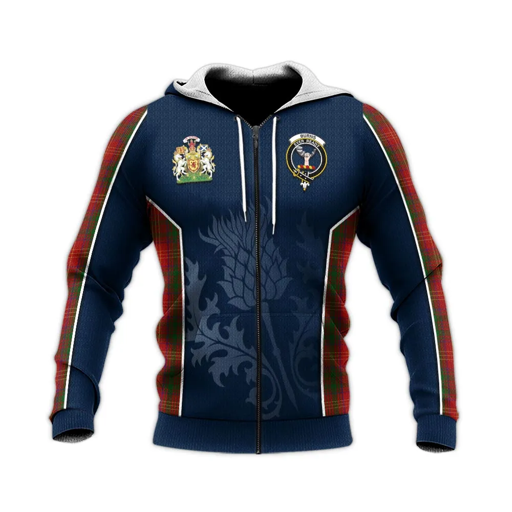 Burns Tartan Knitted Hoodie with Family Crest and Scottish Thistle Vibes Sport Style