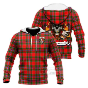 Butter Tartan Knitted Hoodie with Family Crest and Bearded Skull Holding Bottles of Whiskey