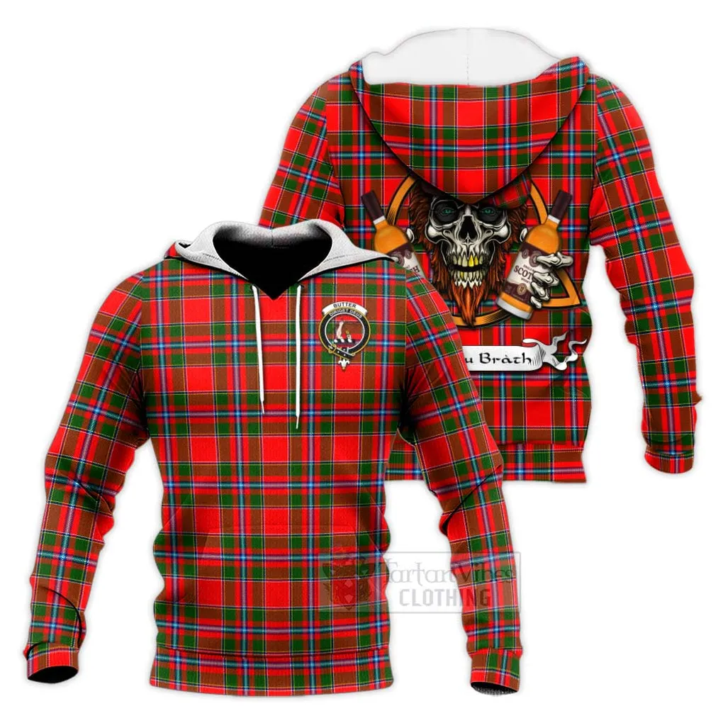 Butter Tartan Knitted Hoodie with Family Crest and Bearded Skull Holding Bottles of Whiskey