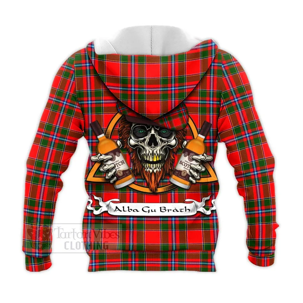 Butter Tartan Knitted Hoodie with Family Crest and Bearded Skull Holding Bottles of Whiskey
