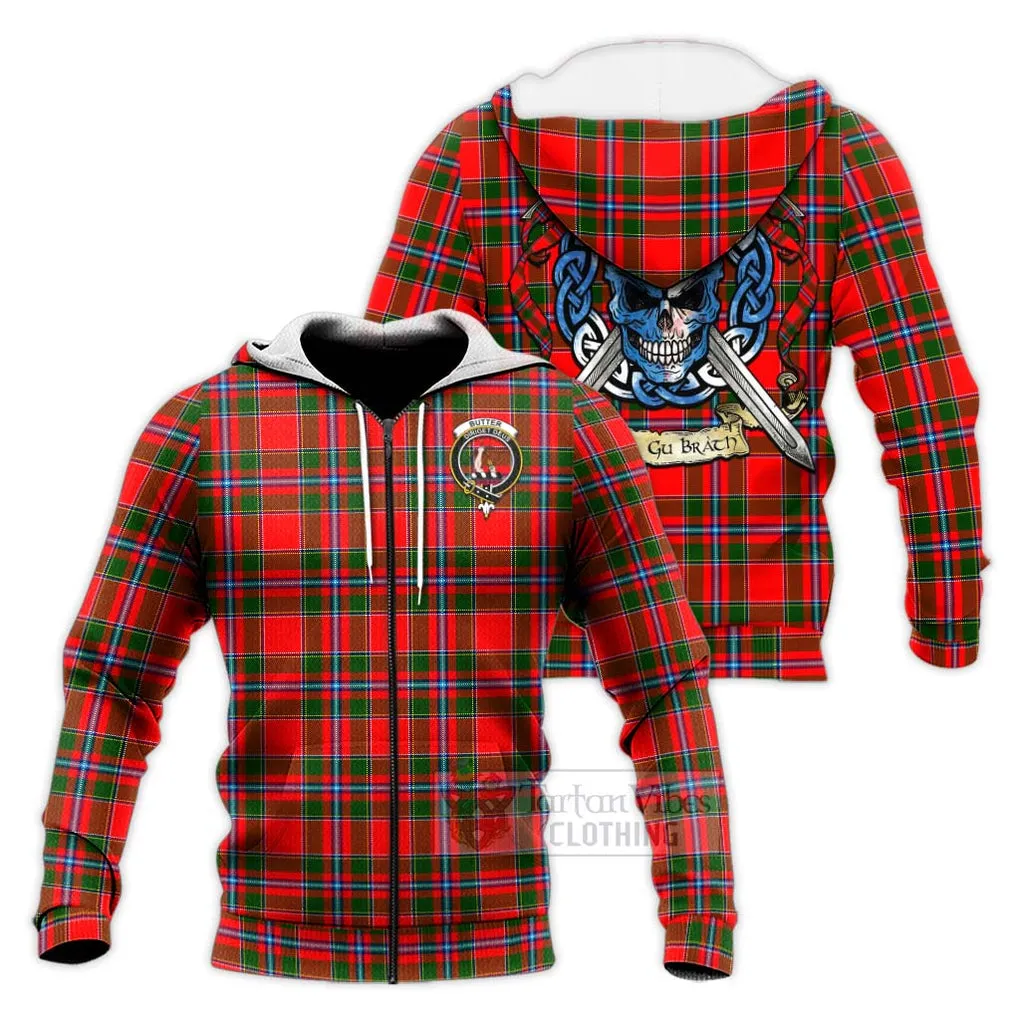 Butter Tartan Knitted Hoodie with Family Crest Celtic Skull Style