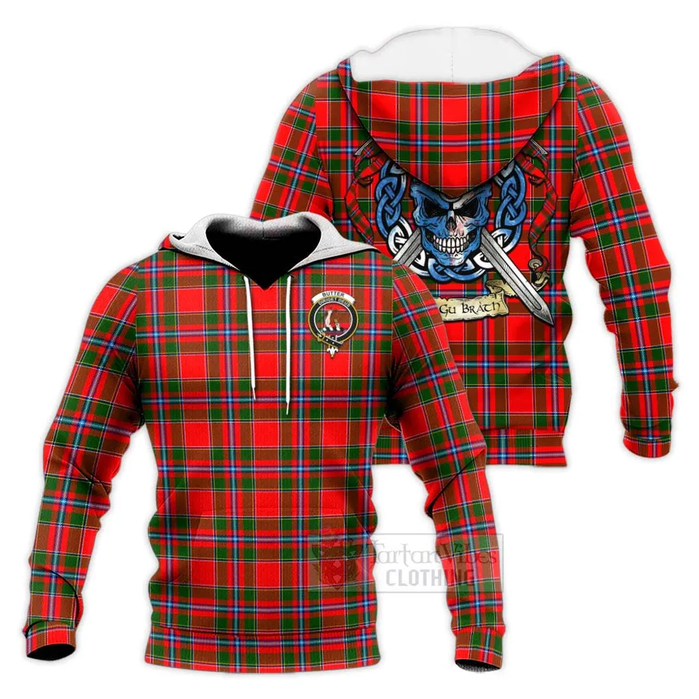 Butter Tartan Knitted Hoodie with Family Crest Celtic Skull Style