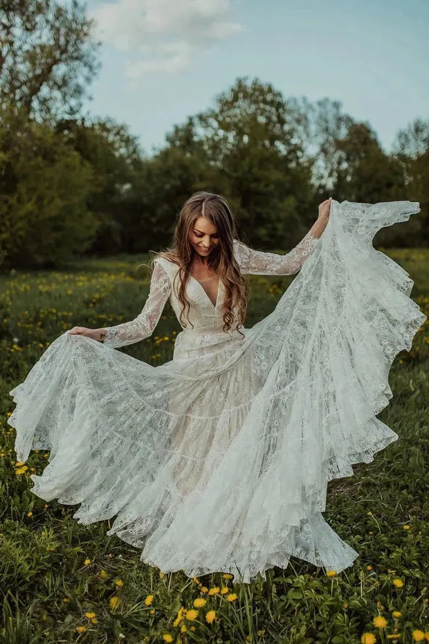 Charming Ivory Long Sleeves Lace V-Neck Bohemian Backless Beach Wedding Dresses UQW0084