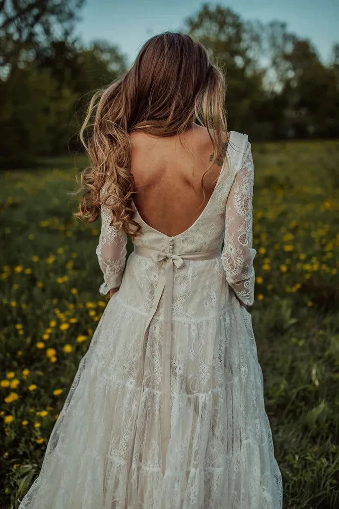 Charming Ivory Long Sleeves Lace V-Neck Bohemian Backless Beach Wedding Dresses UQW0084