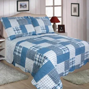 Check Quilted Bedspread Patchwork - Blue