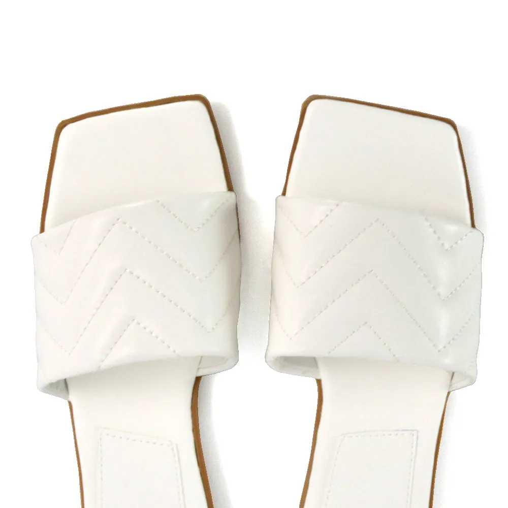 CHERRY QUILTED STRAPPY SQUARE TOE SLIDER SANDALS IN BLACK SYNTHETIC LEATHER