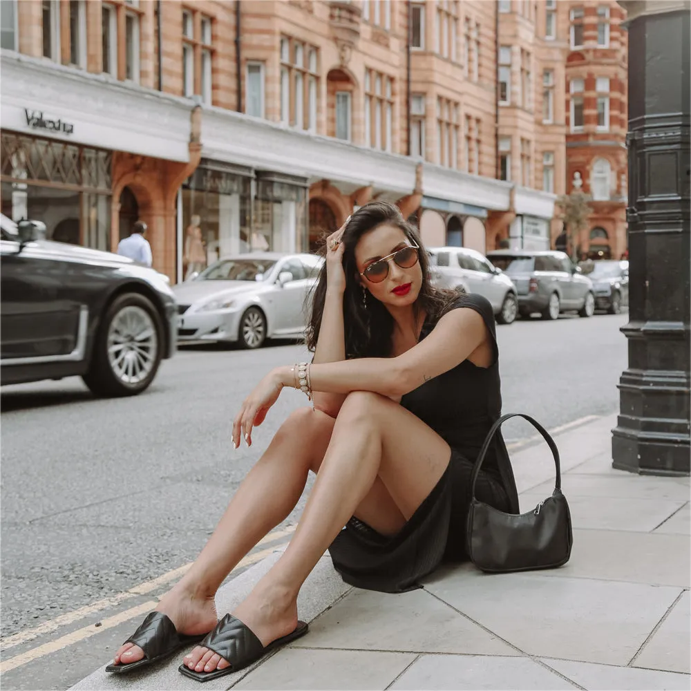 CHERRY QUILTED STRAPPY SQUARE TOE SLIDER SANDALS IN BLACK SYNTHETIC LEATHER