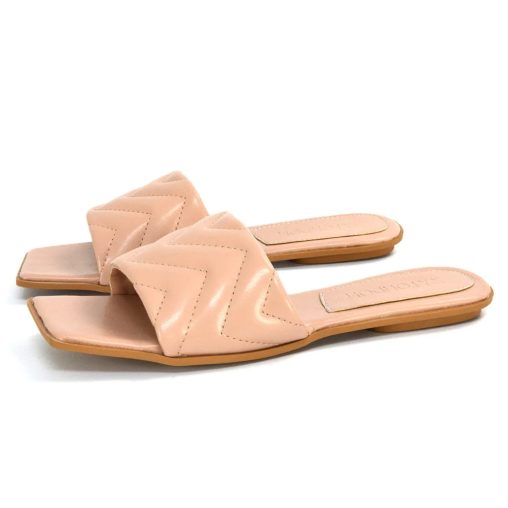 CHERRY QUILTED STRAPPY SQUARE TOE SLIDER SANDALS IN BLACK SYNTHETIC LEATHER