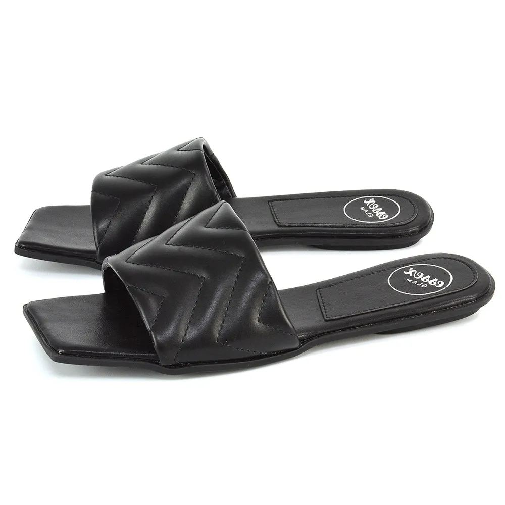 CHERRY QUILTED STRAPPY SQUARE TOE SLIDER SANDALS IN BLACK SYNTHETIC LEATHER