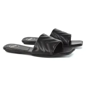 CHERRY QUILTED STRAPPY SQUARE TOE SLIDER SANDALS IN BLACK SYNTHETIC LEATHER